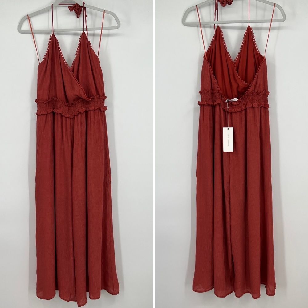 NWT Lush Strappy backed smocked waist cropped wide leg jumpsuit Large rust